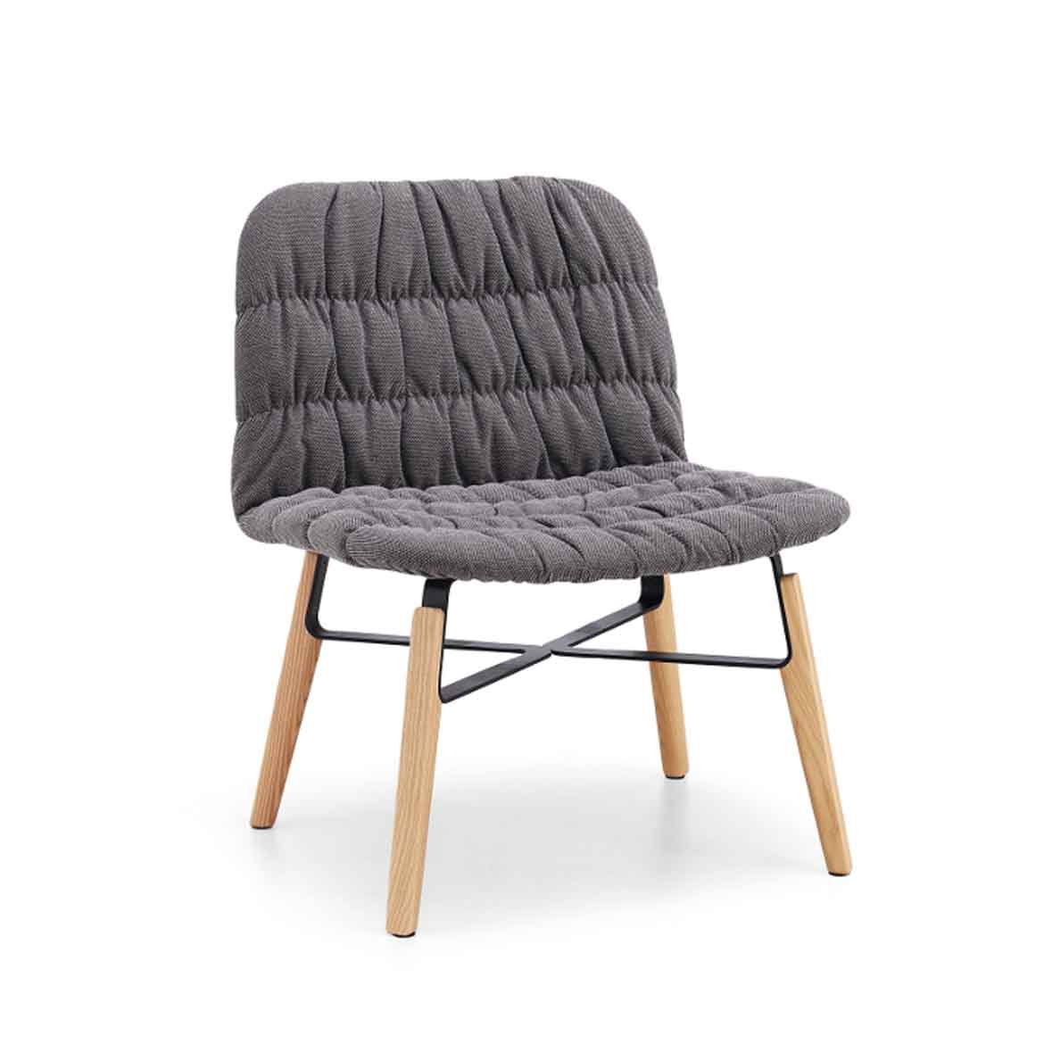 Lounge chair with four legs base in wood and lacquered steel. Wooden shell or upholstered in leather, ecoleather, fabric or custom's fabric. Available version with wooden back face.